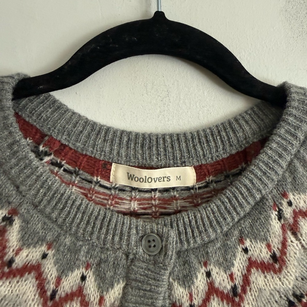 WoolOvers 100% Lambswool Fair Isle
Cardigan Grey Burgundy Size M - Picture 3 of 6